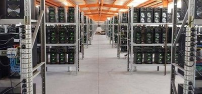 A sprawling renewable-powered Bitcoin mining farm nestled in a lush environment